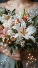 A beautiful bridal bouquet featuring lilies and delicate flowers, adorned with soft lights, held by a woman in a shimmering dress. © RaptorWoman