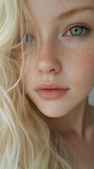 Close-up portrait of a woman with freckles and blonde hair, highlighting natural beauty and clear features.