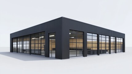 Fototapeta premium Modern black industrial warehouse with large glass windows in minimalist design