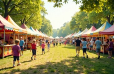  Public fair in park with blurred motion of children and attendees