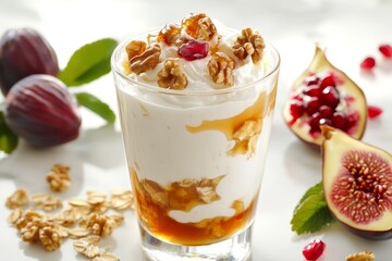 Creamy yogurt parfait topped with figs, walnuts, honey, and pomegranate seeds, perfect for a fresh, healthy breakfast treat.