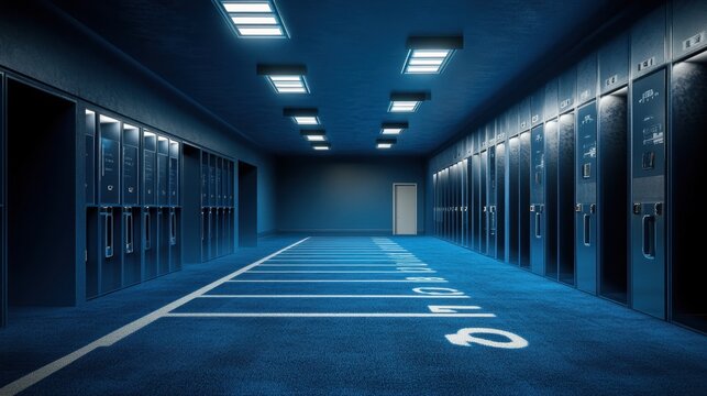 Modern blue locker room interior with numbered floor and open door - Powered by Adobe