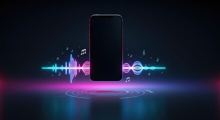 Smartphone with glowing soundwave and music notes, depicting audio concepts