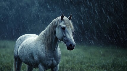 Majestic white horse standing in rainy meadow amidst dark forest