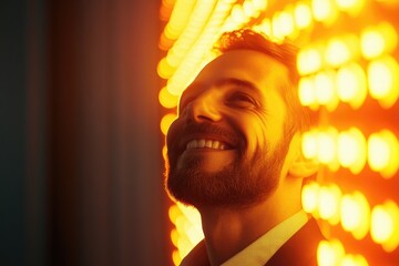 A person with a beard standing in front of a colorful light installation, perfect for use as a profile picture or in a promotional campaign