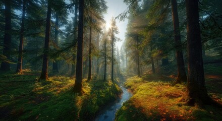 Sunlight streams through tall, lush green trees in dense forest with narrow creek