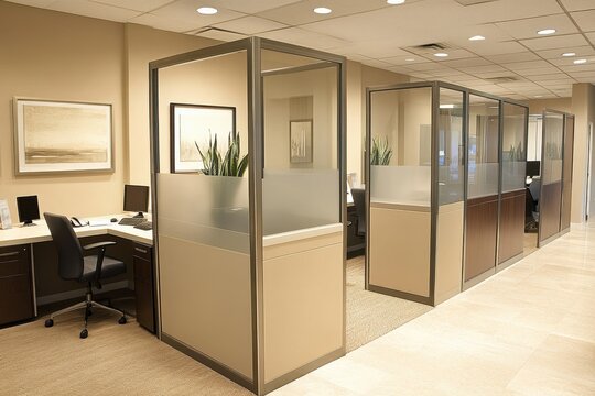 Modern office cubicles with computers and artwork in a corporate workspace