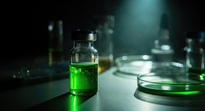Vial with green liquid on lab table, surrounded by other glassware