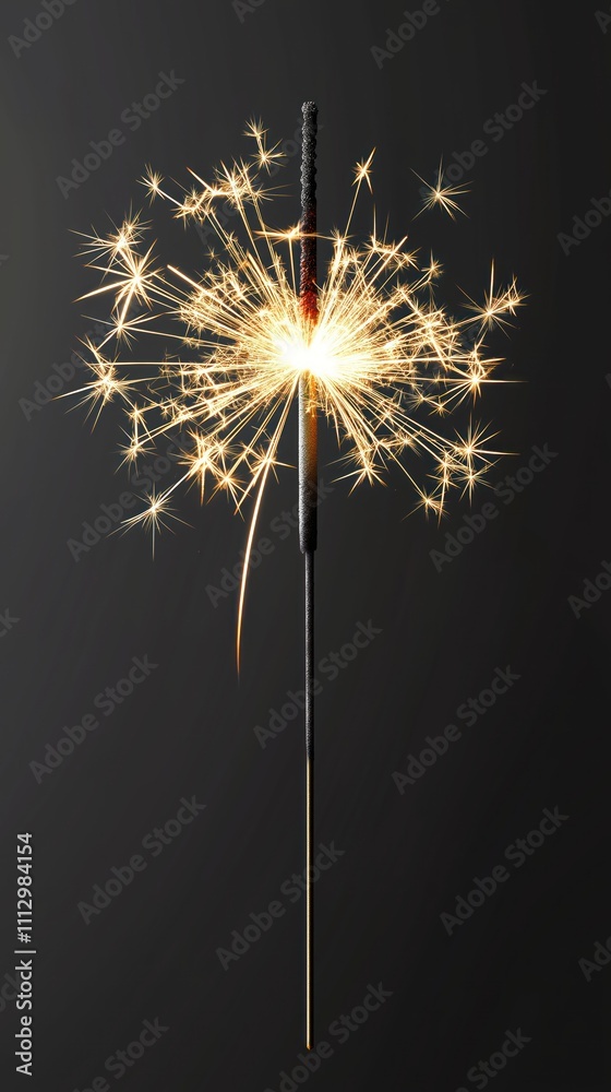 Poster sparkler burns brightly against dark background. golden sparks fly outward from central flame. isola