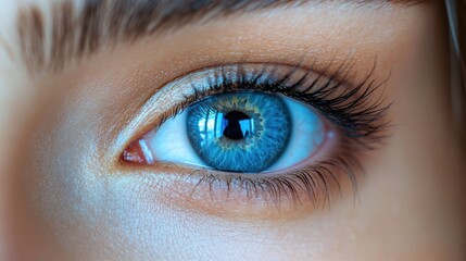 Obraz premium Close-up of blue eye with intense detail, vibrant colors in iris, beautiful human eye with realistic eyelashes, captivating eye anatomy and vision