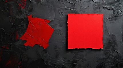 A single red paper piece attached to a stark black wall for visual contrast.

