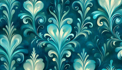 Teal and cream abstract floral damask pattern. Elegant, luxurious, painterly design. Perfect for textiles, wallpapers, and stationery.