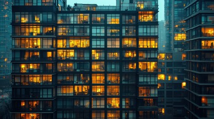 Tall apartment buildings with glowing windows at dusk, urban residential architecture, cozy warm lights, high-rise structures, evening cityscape, modern living, night ambiance
