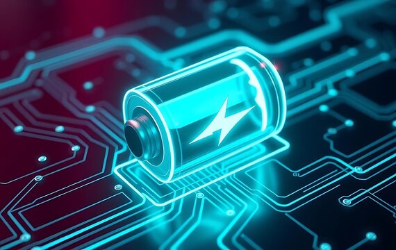 Glowing green power neon futuristic energy storage, high capacity rechargeable lithium ion battery