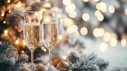 New Year's Eve champagne glasses filled with bright festive holiday lights