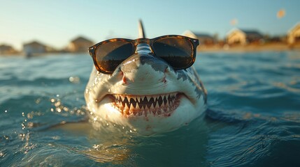 Shark wearing sunglasses in ocean, funny animal portrait, humorous sea creature with shades, quirky wildlife, cool shark in water, playful summer scene