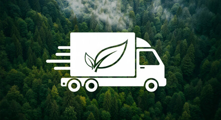 Eco-Friendly Delivery Truck Icon on Green Forest Background with Morning Mist