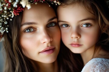Obraz premium Two lovely girls adorn themselves with flowers, a symbol of beauty and innocence