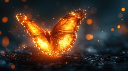 Fiery orange butterfly emerging from dark ground, glowing sparks.