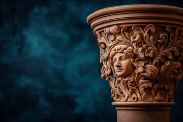 Naklejka premium Intricate Close-Up of Hand-Carved Clay Artifact Featuring Detailed Floral Motifs and a Portrait of a Young Woman Against a Muted Background