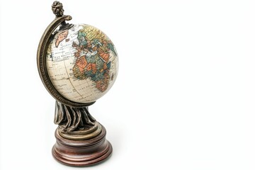 Antique globe, ornate base, world map details.