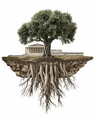 Fototapeta premium Ancient temple, large tree, exposed roots, floating island.