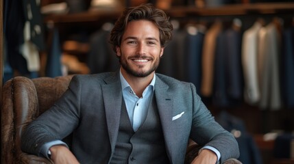 Fototapeta premium Confident businessman in elegant office, young man in brown blazer, professional style, smiling, business attire, formal wear, modern workspace background, corporate executive