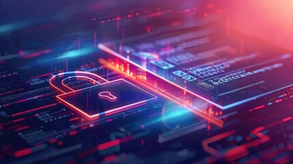 Cybersecurity concept with digital lock and secure data interface for online protection