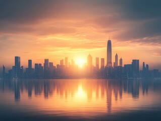 Obraz premium City skyline at sunset reflected in water, creating a serene atmosphere.