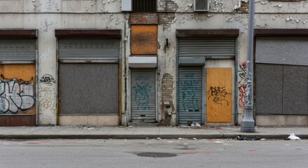 Abandoned building with boarded windows, graffiti, peeling paint, and cracked walls on deserted street