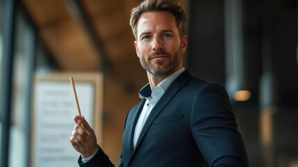 Serious businessman in suit pointing pen forward, focused expression, professional setting, leadership and authority, executive presence, modern corporate environment, motivation