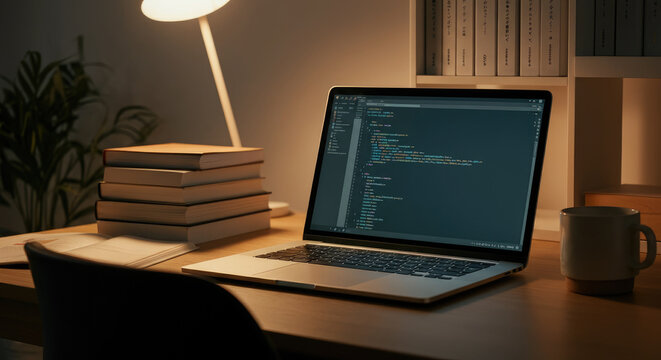 Laptop displaying code on wooden desk with books, lamp, and plant
