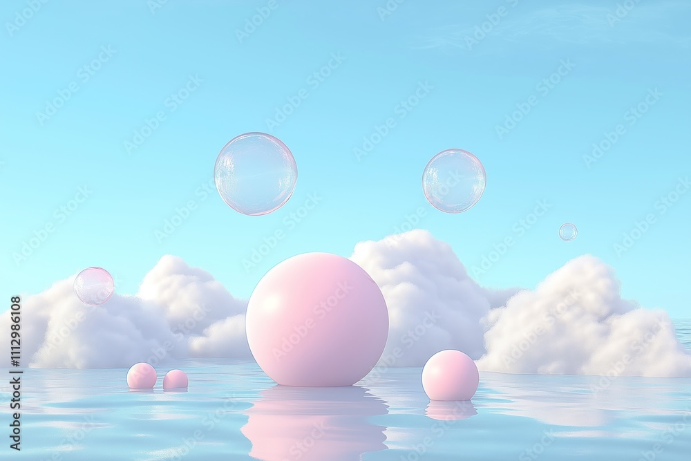 Poster pastel pink spheres float gently on calm ocean surface. fluffy clouds drift across light blue sky. t