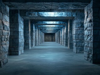 Expansive Underground Labyrinth with Encrusted Stone Walls and Dim Lighting, Showcasing a Mysterious Atmosphere Perfect for Fantasy and Adventure Themes