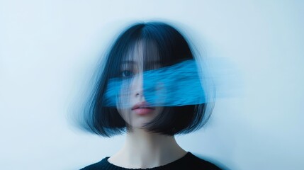 Artistic portrait of a woman with a dynamic blue streak blurring her face, evoking themes of identity and movement.