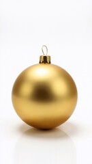 A golden Christmas ball on a white background. The ball is round and has a glossy finish, reflecting the light and creating a beautiful contrast.