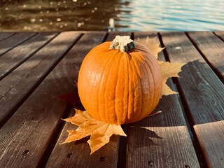 Pumpkin on the wooden bridge.