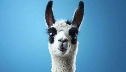 Obraz premium Close-up portrait of a cute, smiling llama with distinctive black markings against a vibrant blue background. Perfect for greeting cards, children's books, or social media.