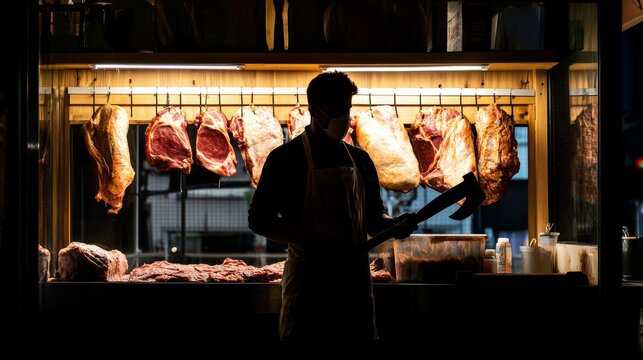 Silhouetted butcher with axe prepares fresh beef cuts in a dramatically lit artisanal shop, highlighting traditional meat processing.