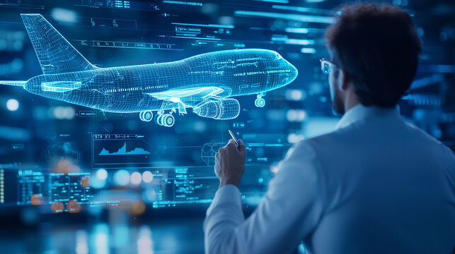 Aerospace Engineer Using Holographic Display in Tech Lab