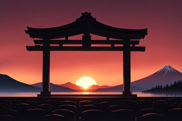 Striking silhouette of traditional torii gate against breathtaking sunset backdrop. Majestic Mount Fuji rises in distance, creating serene atmosphere, for travel, culture, nature theme, magazine, art.