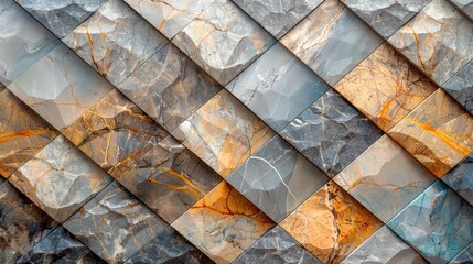 Abstract diagonal pattern of textured marble tiles in grey, beige, and brown tones.