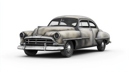 Obraz premium Vintage car isolated on white background. Old vehicle displays worn paint, rust. Classic car stands still. Rusty car detailed. Antique design. Classic car design. Retro style. Transportation history.