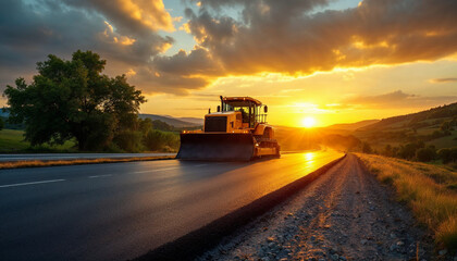 Fototapeta premium A vibrant road construction scene at sunset, with an orange vehicle paving a new road.