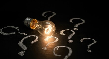 Illuminated light bulb surrounded by chalk question marks on dark surface, symbolizing ideas and questions
