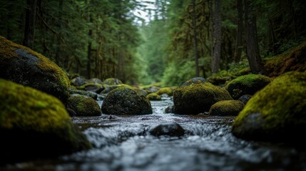 A forest river surrounded by moss-covered rocks, viewed from a low angle to capture the peaceful, natural setting.