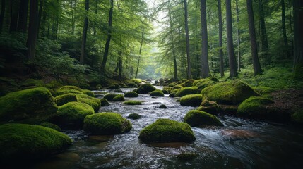 Obraz premium A forest river surrounded by moss-covered rocks, viewed from a low angle to capture the peaceful, natural setting.