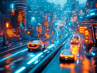 Obraz premium A nighttime futuristic cityscape, bathed in neon blue and orange lights, with wet streets and falling rain The architecture has a retro-futuristic design, with high-speed traffic and science fiction