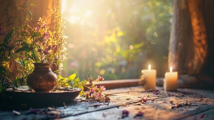 Cozy rustic setting with flowers, candles, and natural light