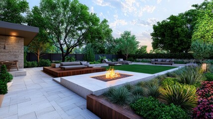 Obraz premium Minimalist Urban Backyard Sanctuary Featuring Modern Design Elements, Lush Greenery, and a Central Fire Pit Amidst a Tranquil Outdoor Setting